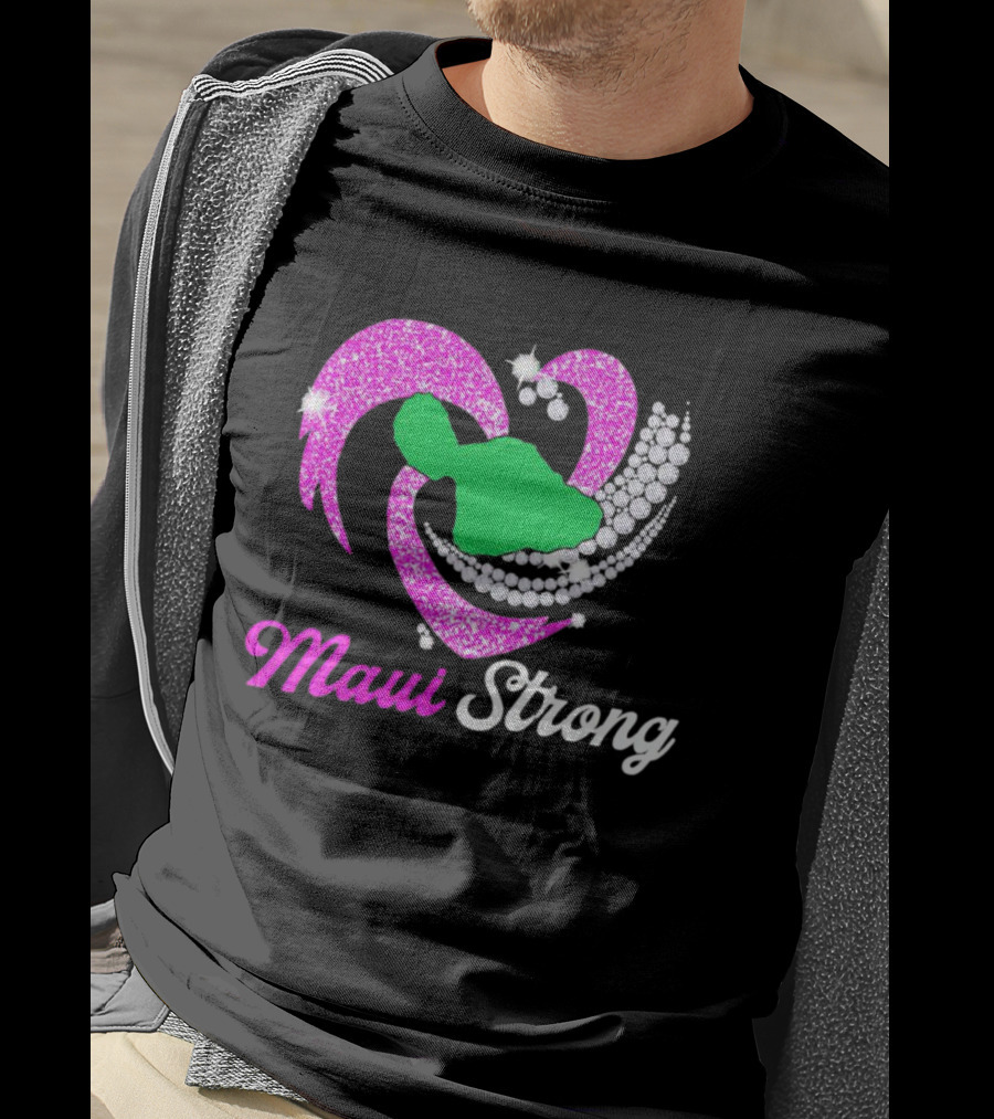 Maui Strong Pink Glitter Heart With Green Island And Diamond Accents T-Shirt