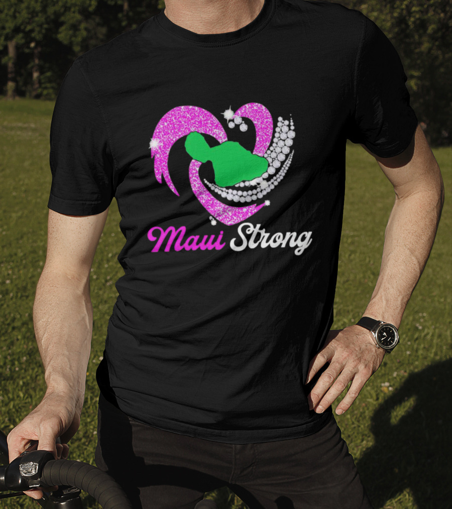 Maui Strong Pink Glitter Heart With Green Island And Diamond Accents T-Shirt