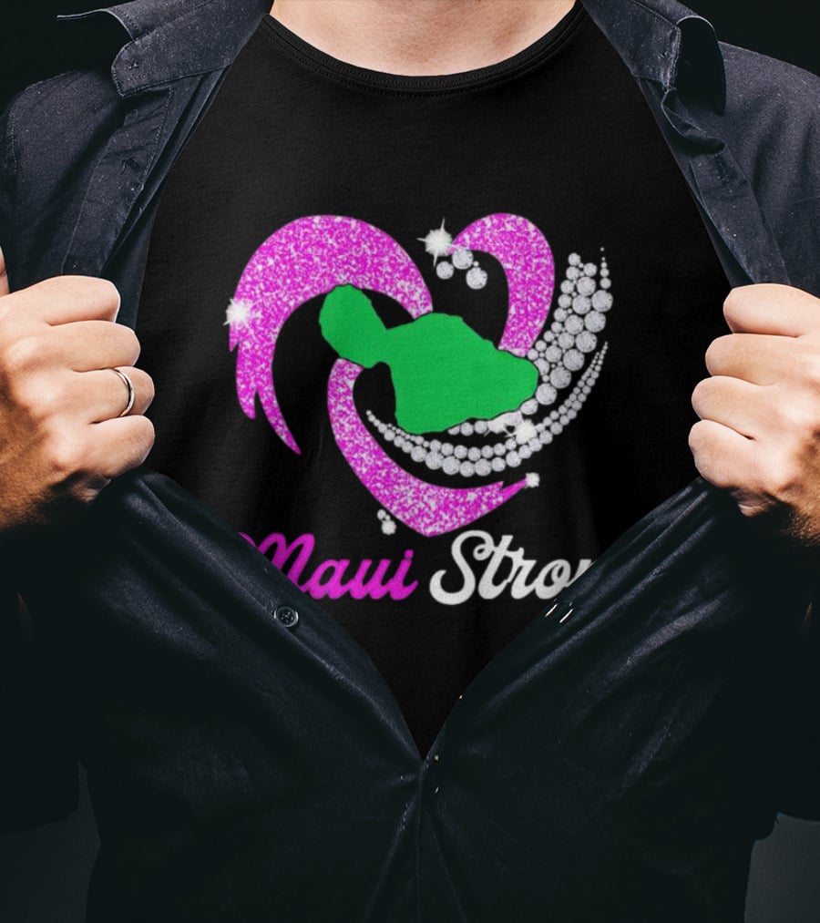 Maui Strong Pink Glitter Heart With Green Island And Diamond Accents T-Shirt