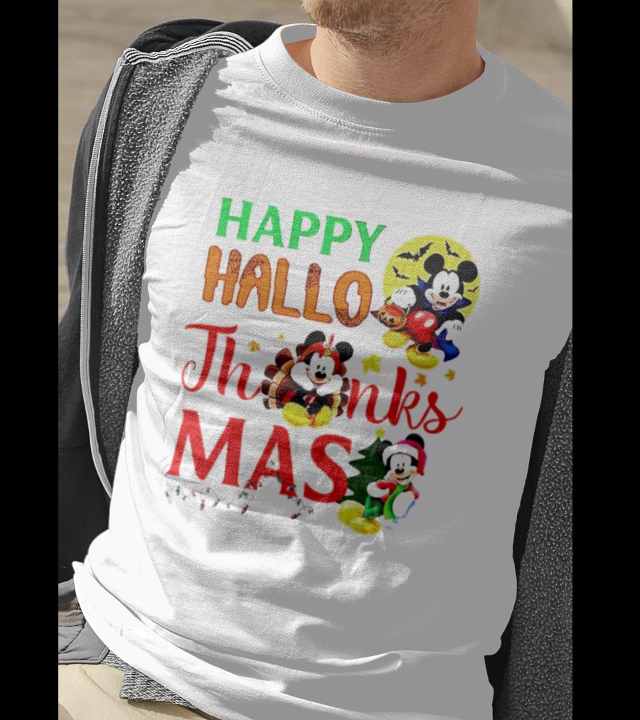 Mickey Mouse Happy Hallothanksmas Halloween Thanksgiving Christmas T-Shirt