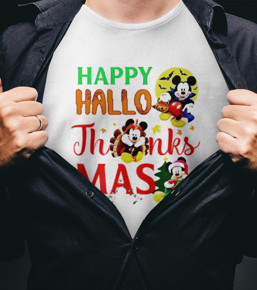 Mickey Mouse Happy Hallothanksmas Halloween Thanksgiving Christmas T-Shirt