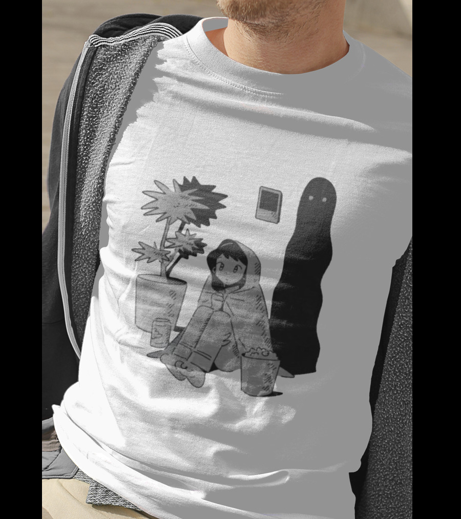 Phantom Cozy: Ghostly Companion And Snuggled Figure With Plant And Snacks T-Shirt