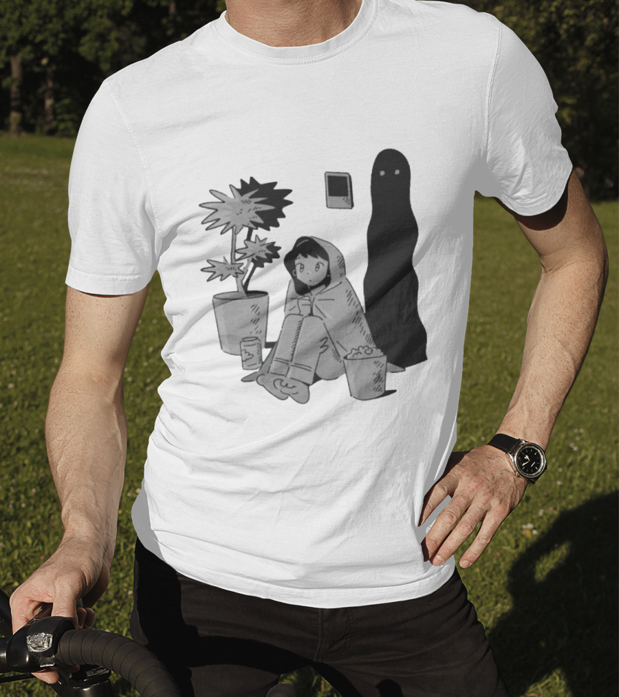 Phantom Cozy: Ghostly Companion And Snuggled Figure With Plant And Snacks T-Shirt