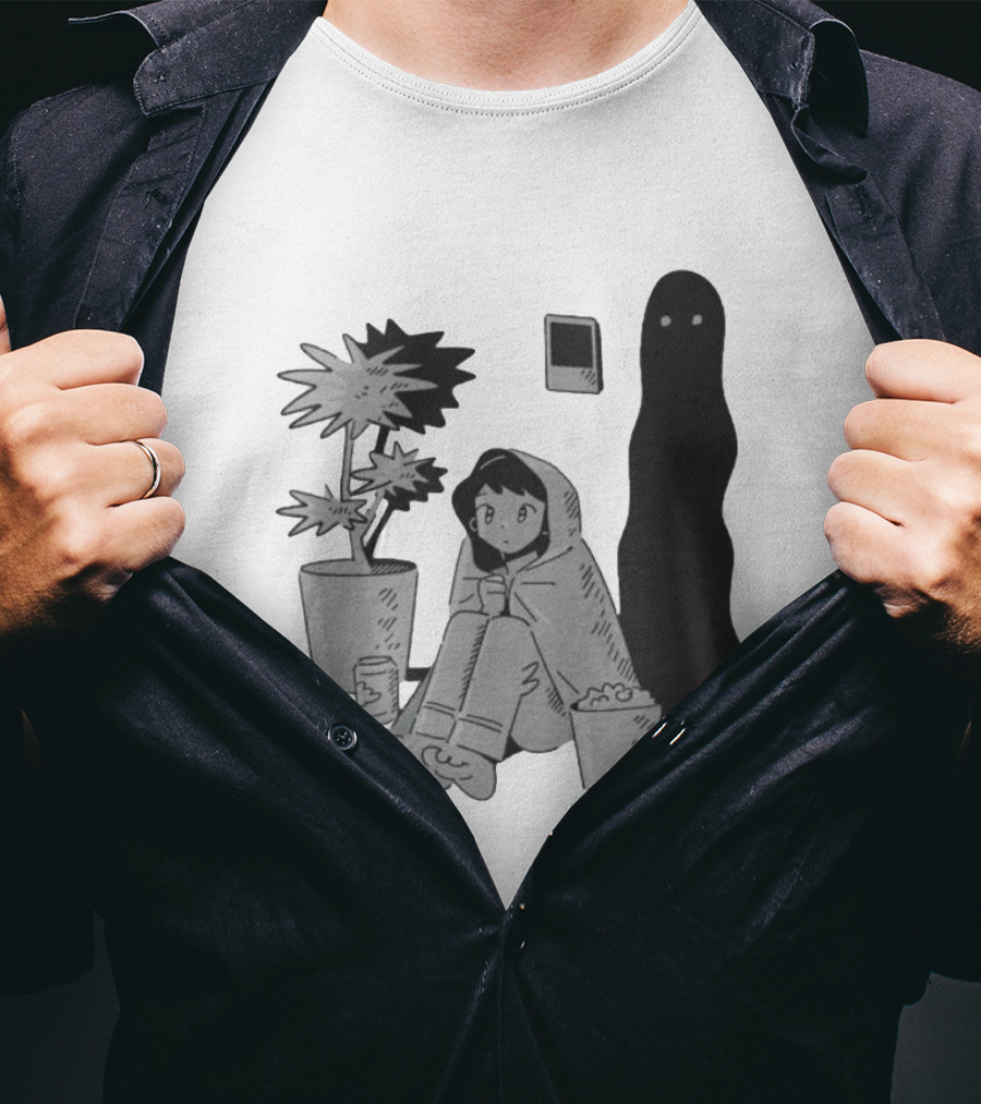 Phantom Cozy: Ghostly Companion And Snuggled Figure With Plant And Snacks T-Shirt