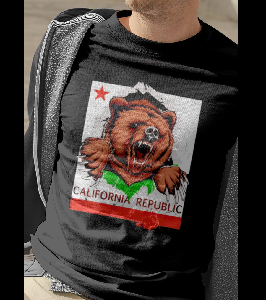 California Republic Bear Roaring Star Red Stripe T-Shirt