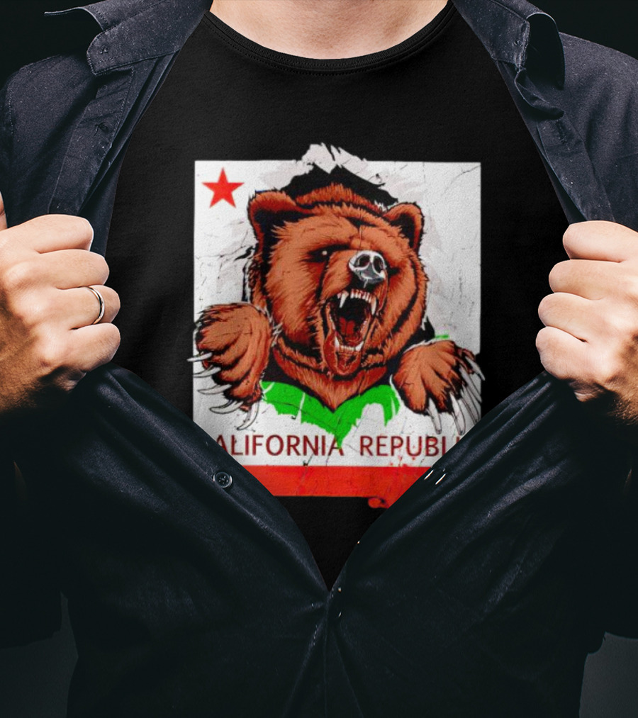 California Republic Bear Roaring Star Red Stripe T-Shirt