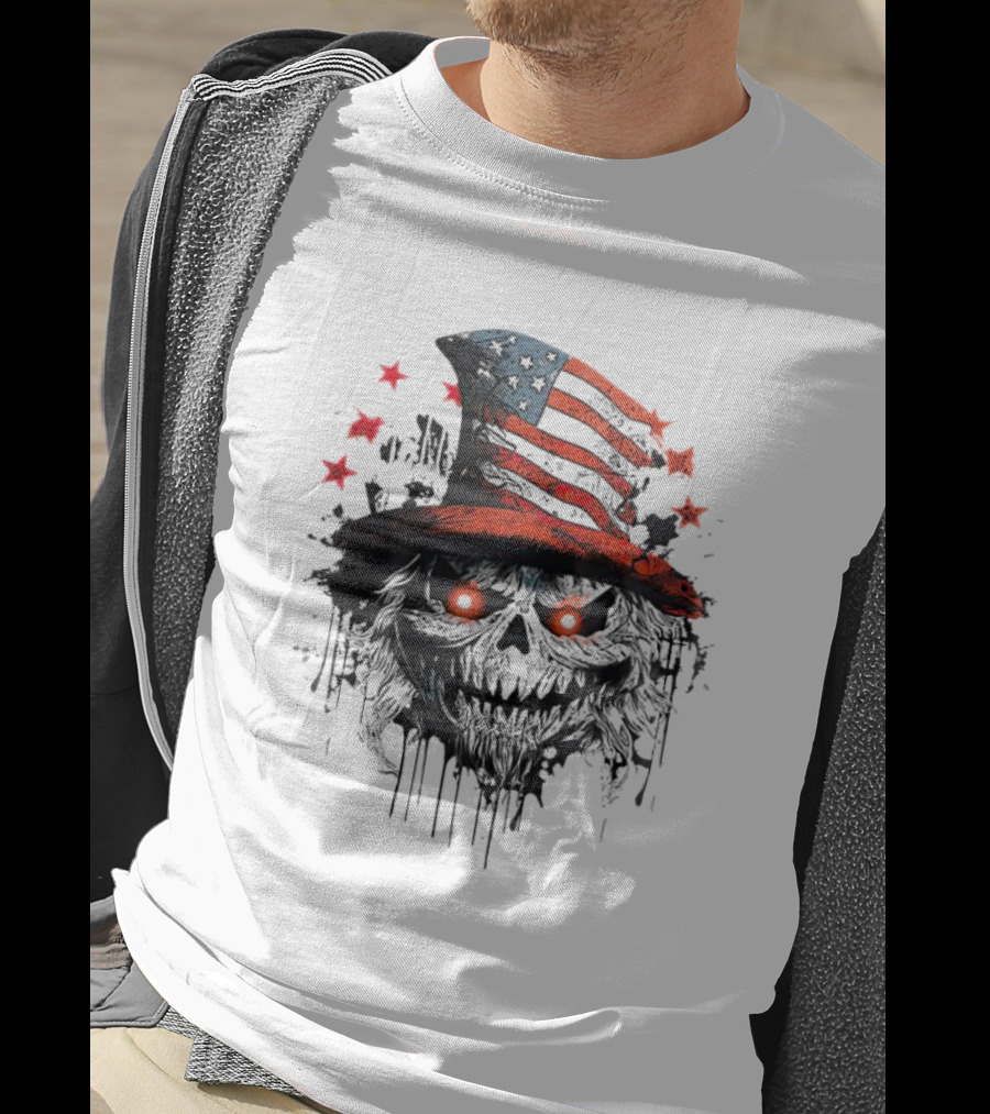 Uncle Sam Skull With American Flag Hat And Red Stars T-Shirt