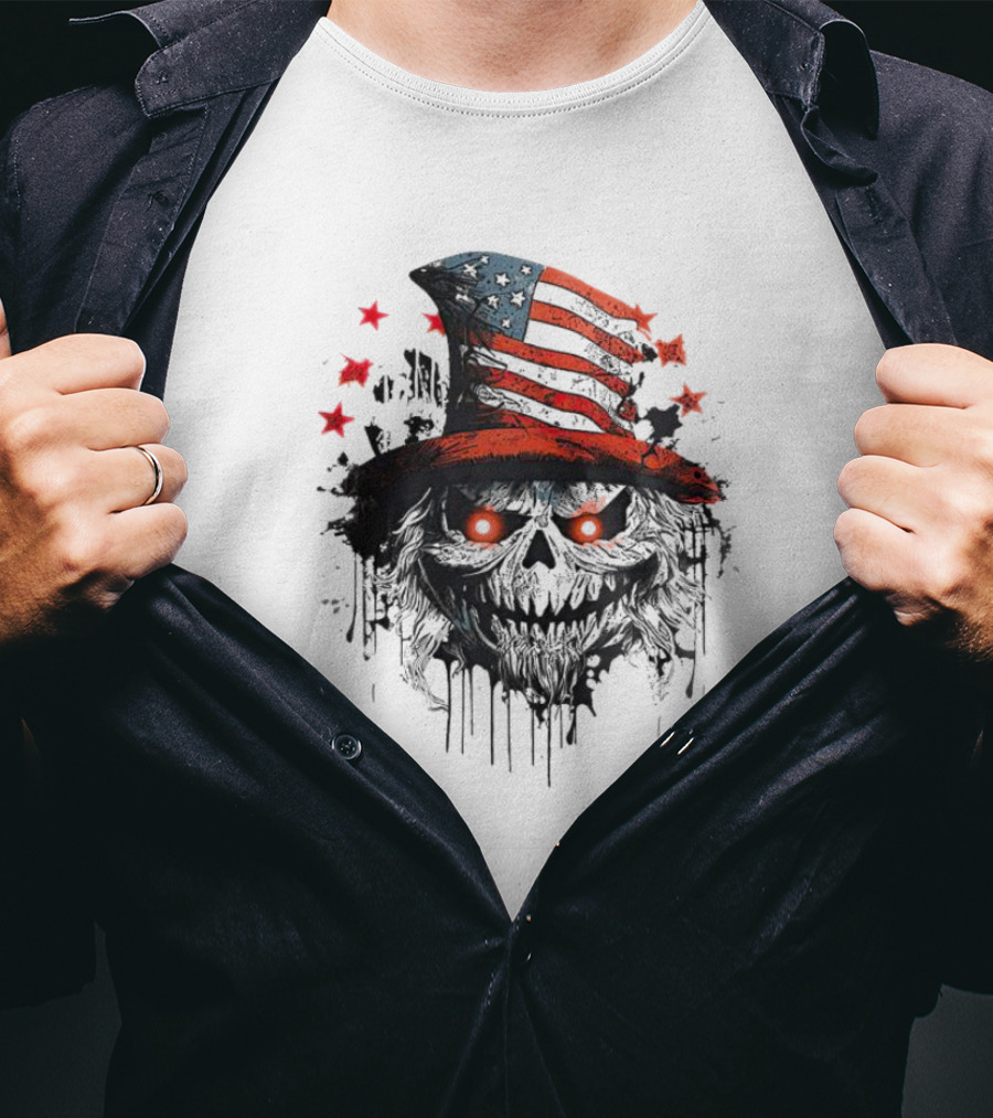 Uncle Sam Skull With American Flag Hat And Red Stars T-Shirt