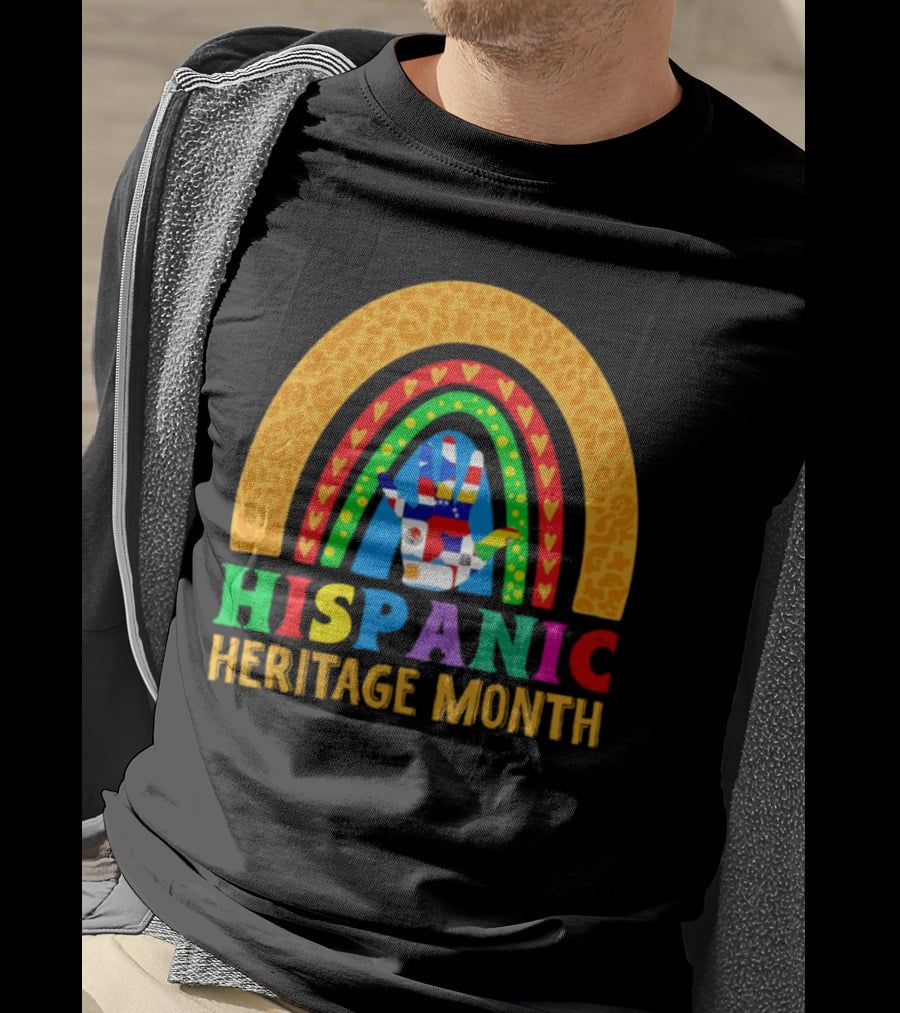 Hispanic Heritage Month Rainbow With Flag Mosaic Hand T-Shirt