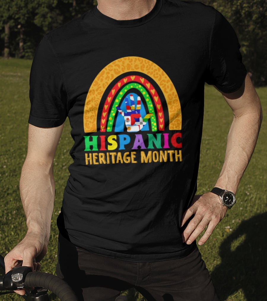 Hispanic Heritage Month Rainbow With Flag Mosaic Hand T-Shirt