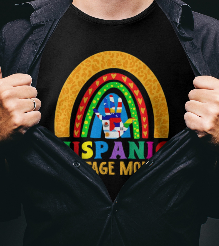 Hispanic Heritage Month Rainbow With Flag Mosaic Hand T-Shirt