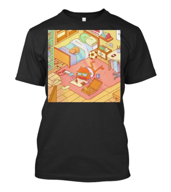 Chillin' Wolfi Gaming Bedroom With Cat And Pizza T-Shirt