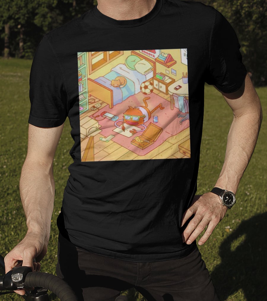 Chillin' Wolfi Gaming Bedroom With Cat And Pizza T-Shirt