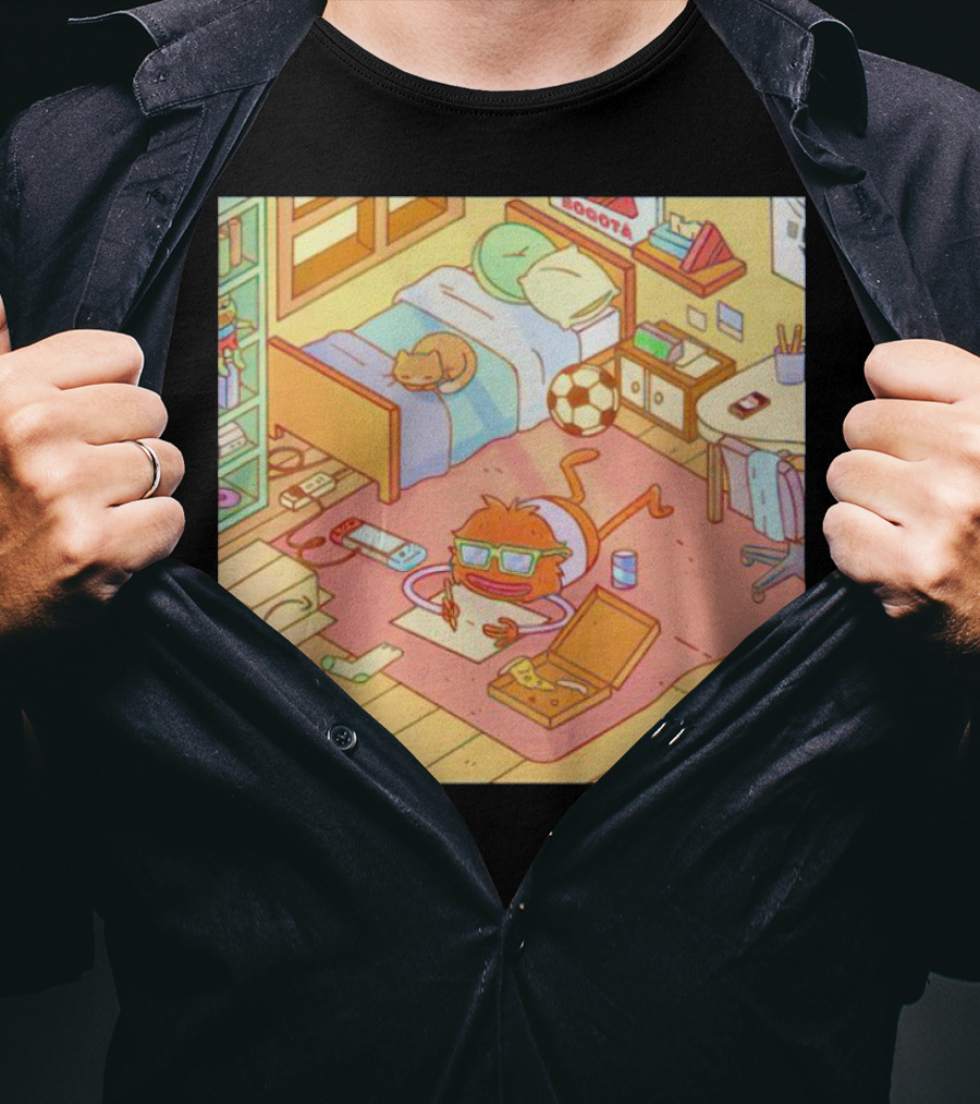 Chillin' Wolfi Gaming Bedroom With Cat And Pizza T-Shirt