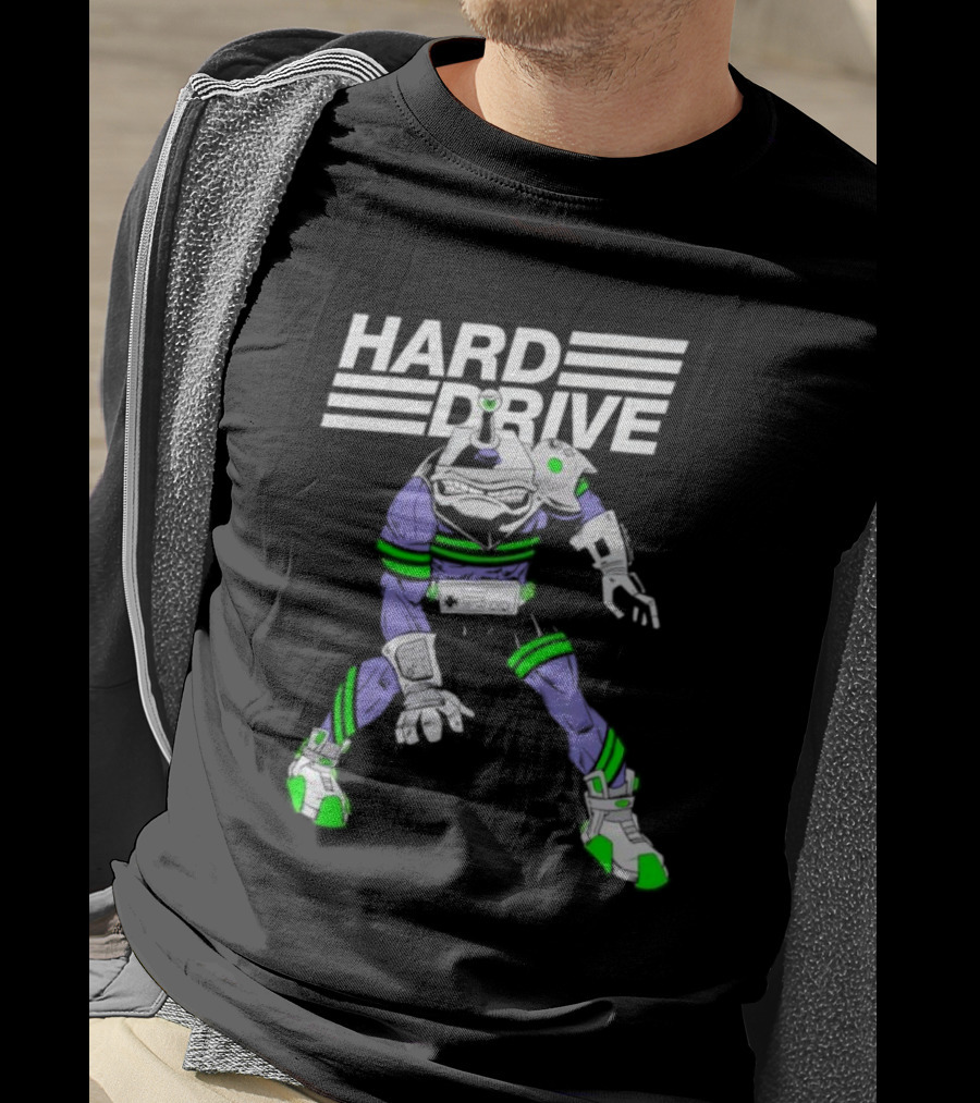 HARD DRIVE Futuristic Cyborg With Green And Purple Accents T-Shirt