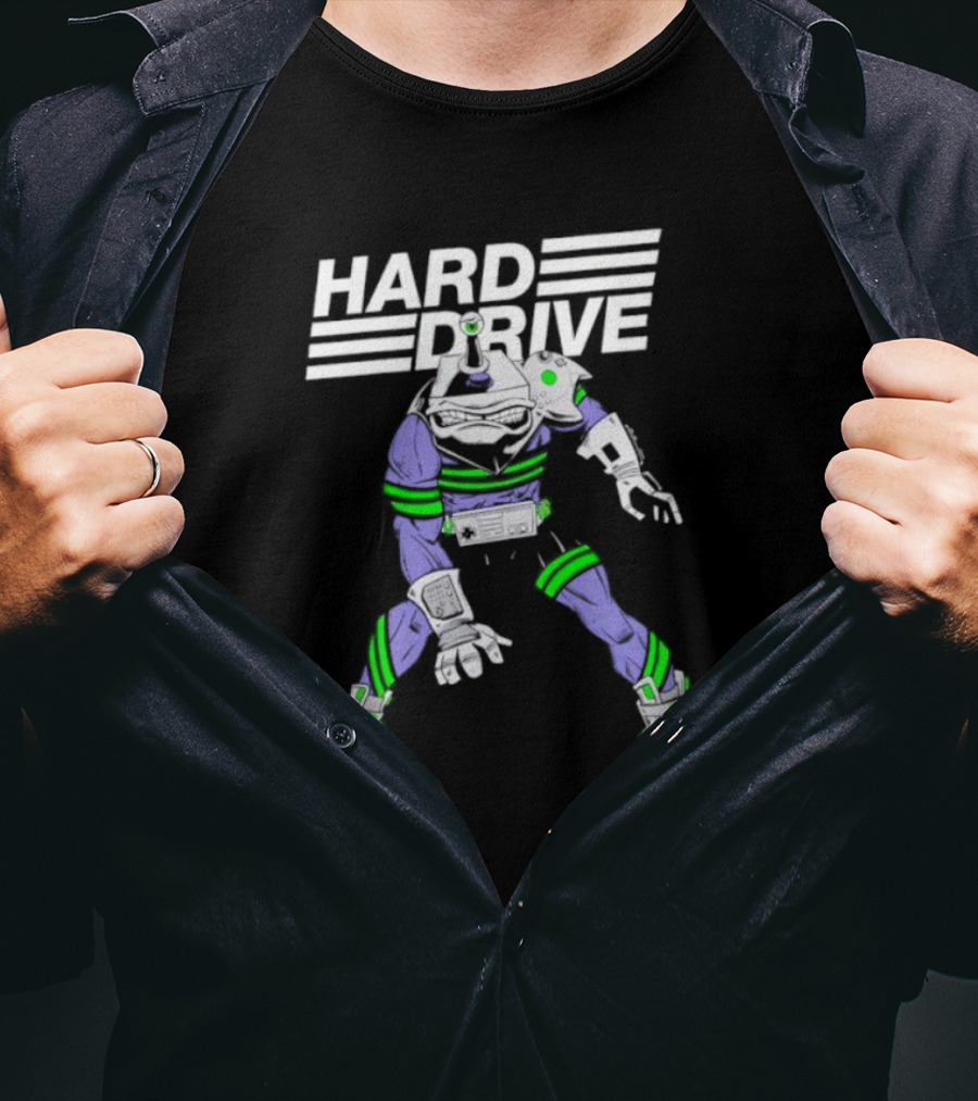 HARD DRIVE Futuristic Cyborg With Green And Purple Accents T-Shirt
