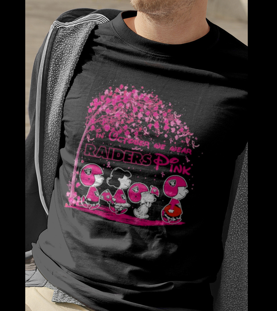 In October We Wear Raiders Pink Peanuts Breast Cancer Awareness T-Shirt