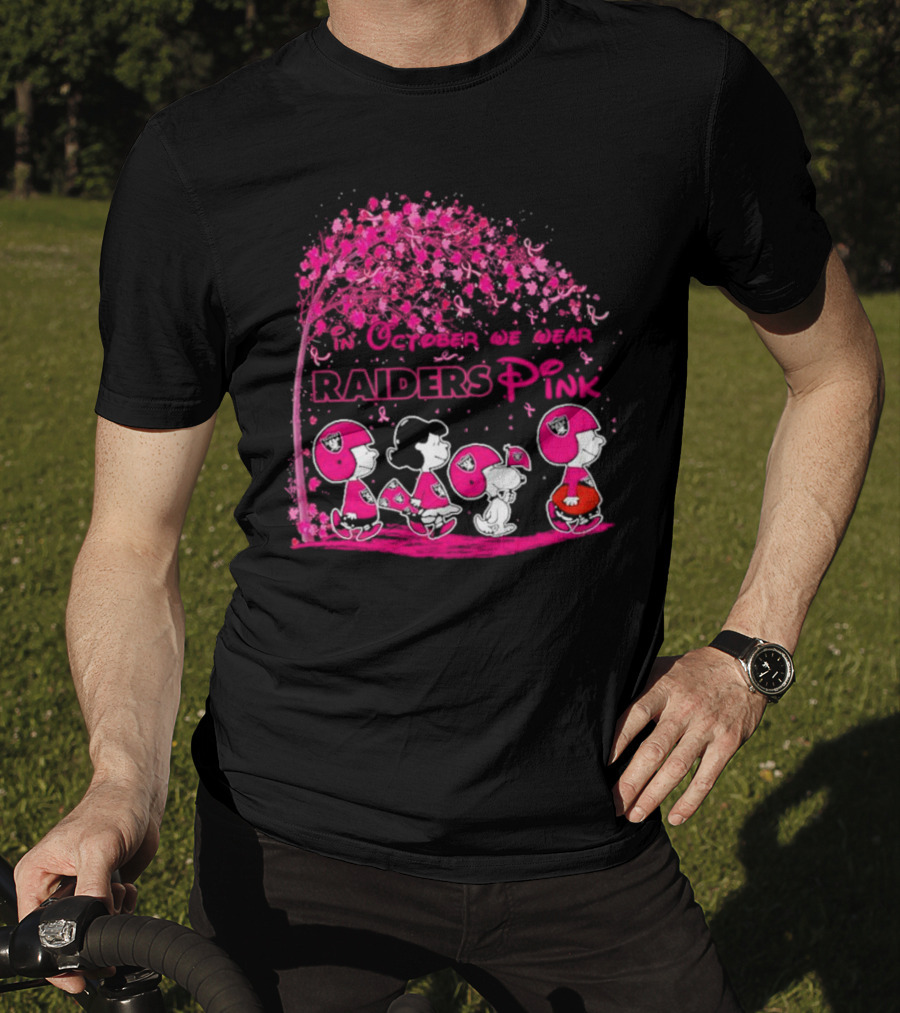 In October We Wear Raiders Pink Peanuts Breast Cancer Awareness T-Shirt