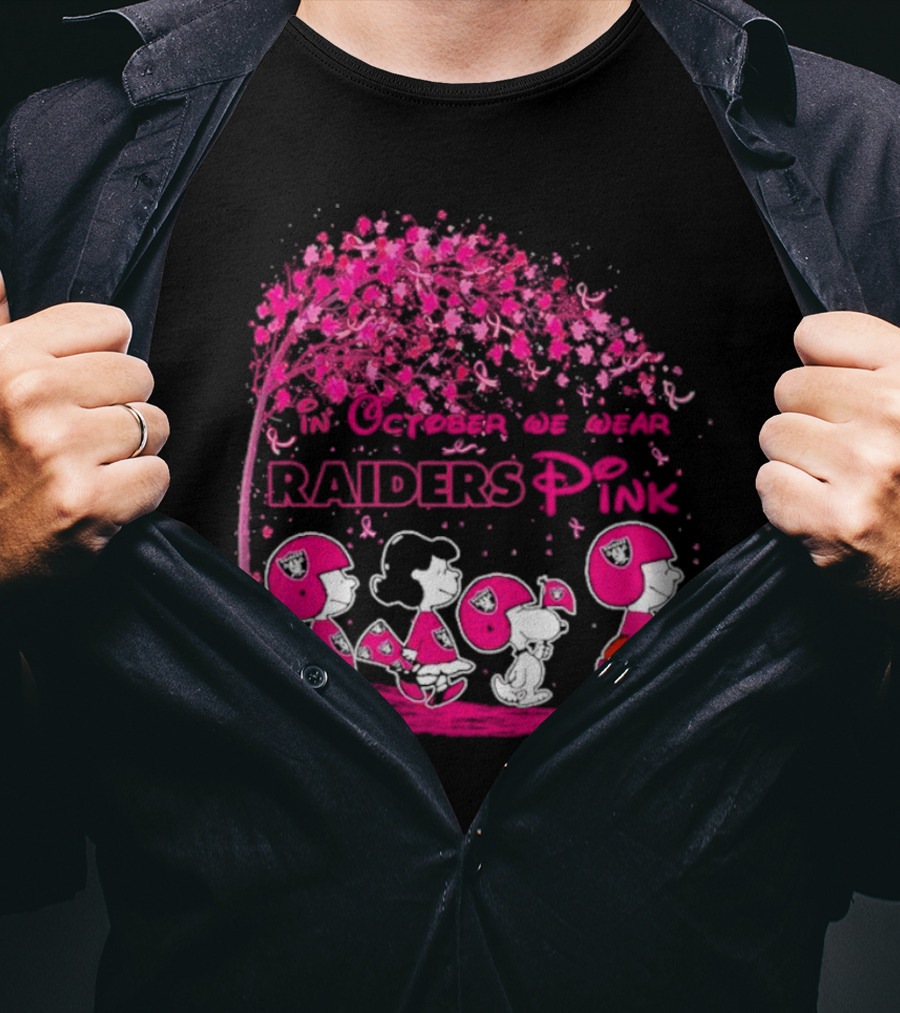 In October We Wear Raiders Pink Peanuts Breast Cancer Awareness T-Shirt