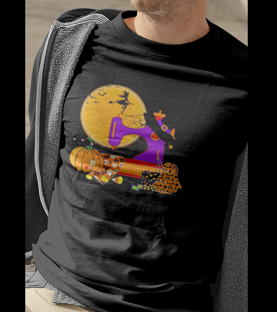 Halloween Witch Flying Over Sewing Machine With Pumpkins And Patchwork T-Shirt