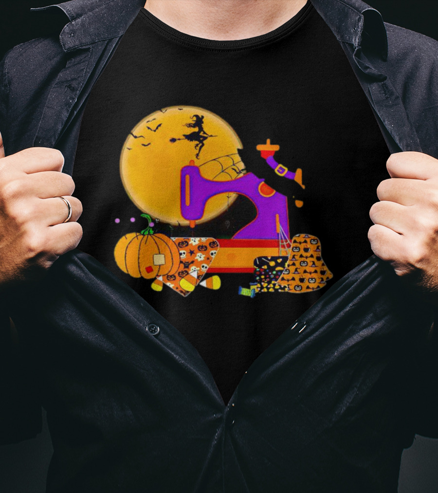 Halloween Witch Flying Over Sewing Machine With Pumpkins And Patchwork T-Shirt