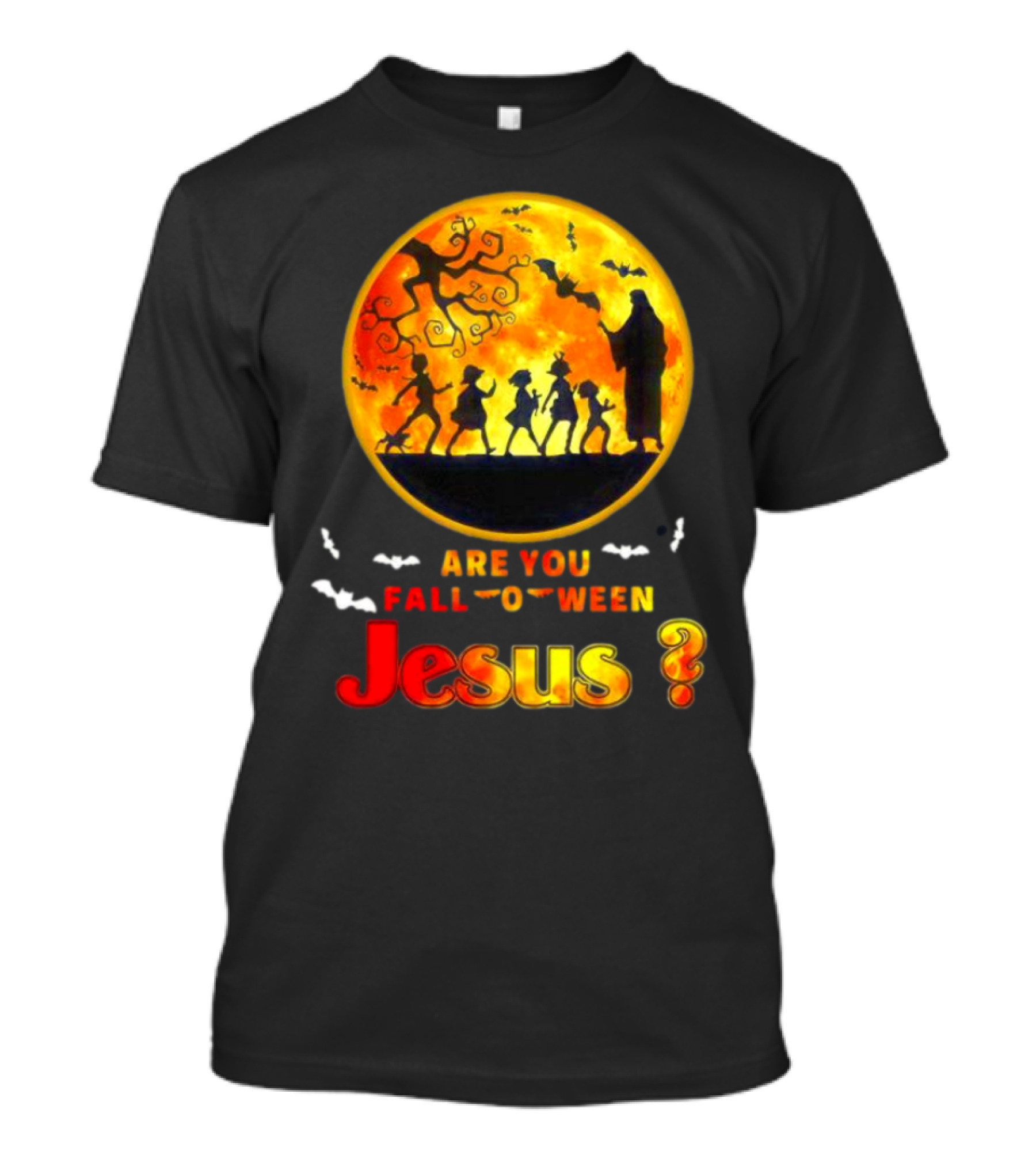 Are You Fall O Ween Jesus Halloween Silhouette With Bats And Tree T-Shirt