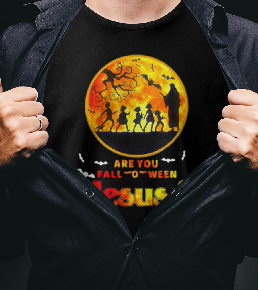 Are You Fall O Ween Jesus Halloween Silhouette With Bats And Tree T-Shirt