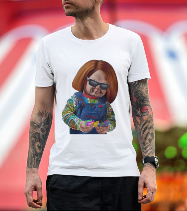 Premium T-Shirt: Chucky Good Guys Child’s Play Halloween Icon with Sunglasses and Cards T-Shirt Chucky Good Guys Child’s Play Halloween Icon with Sunglasses and Cards T-Shirt