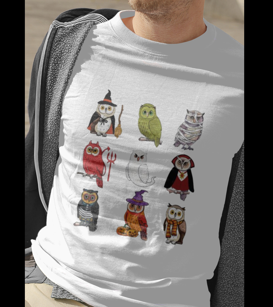 Halloween Witch Ghost Mummy Vampire Devil Skeleton Pumpkins Scarf Owls T-Shirt