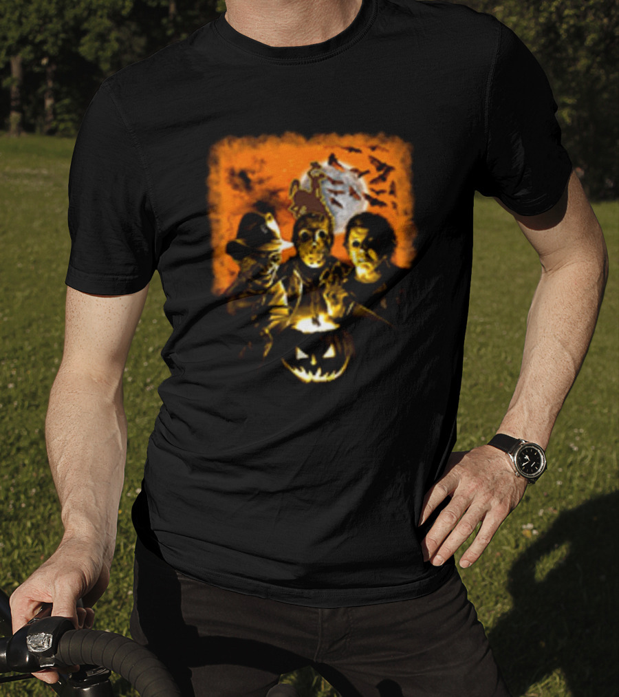 Horror Movies Freddy Krueger Jason Voorhees Michael Myers Halloween Wyoming Cowboys Jack-O'-Lantern Moon Bats T-Shirt