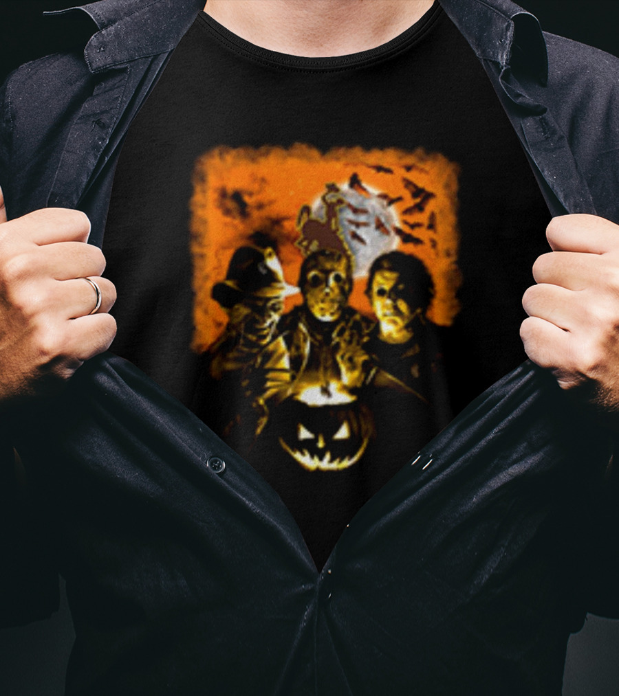 Horror Movies Freddy Krueger Jason Voorhees Michael Myers Halloween Wyoming Cowboys Jack-O'-Lantern Moon Bats T-Shirt