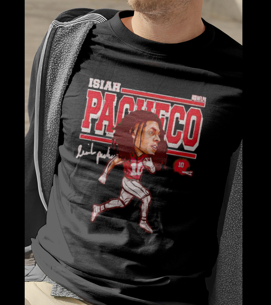 ISIAH PACHECO NFLPA Signature Caricature With Number 10 And Red Helmet T-Shirt