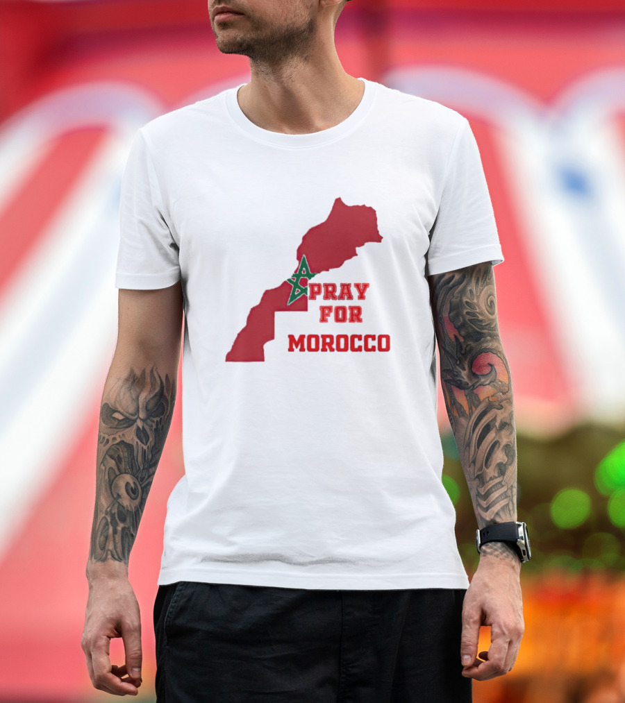 Pray for Morocco Map with Green Star and Red T-Shirt