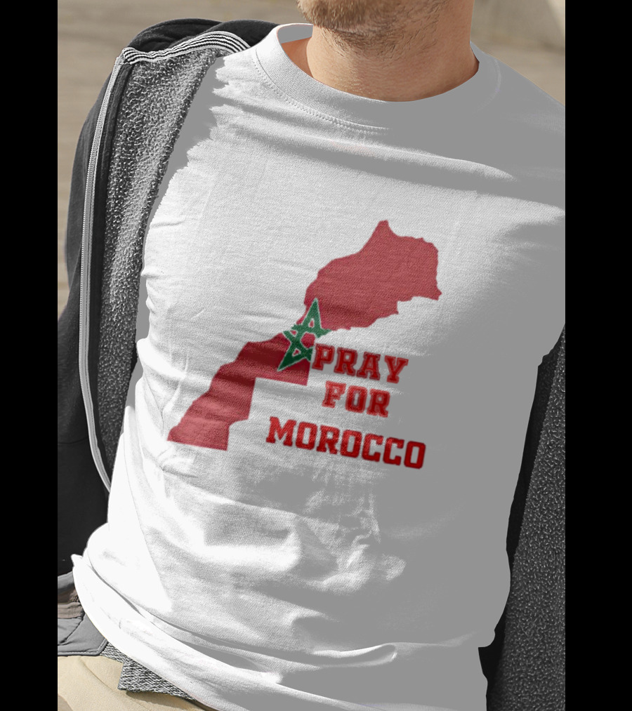 Pray For Morocco Map With Green Star And Red T-Shirt