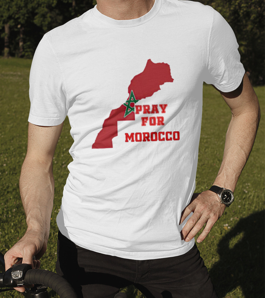 Pray For Morocco Map With Green Star And Red T-Shirt