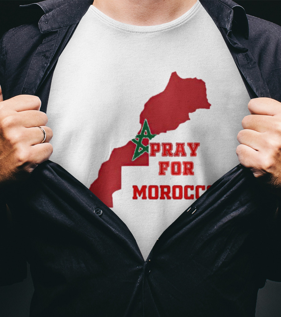 Pray For Morocco Map With Green Star And Red T-Shirt