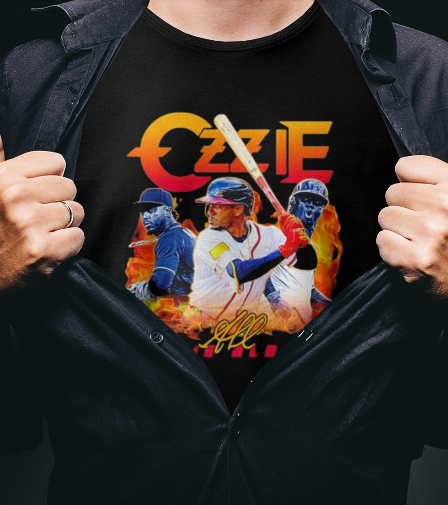 Ozzie Albies MLB Flame Graphic With Signature T-Shirt