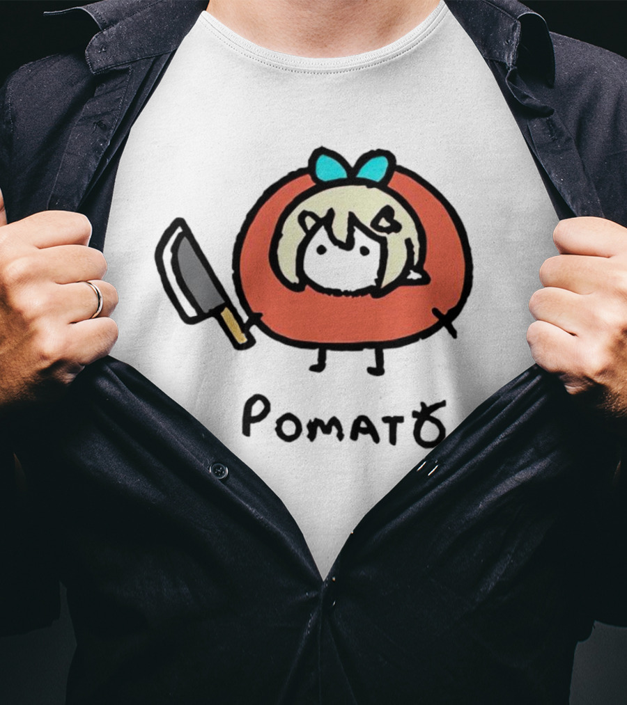 Pomato Tuna Character With Knife And Blue Bow T-Shirt