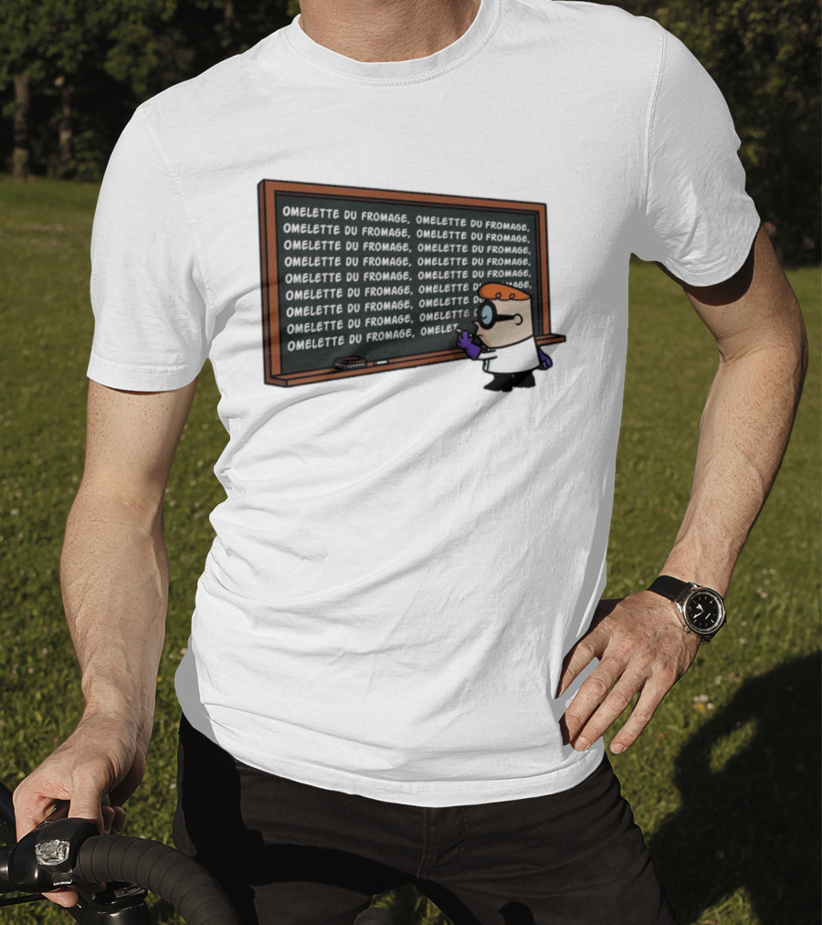 Omelette Du Fromage Chalkboard Cartoon Character Writing T-Shirt