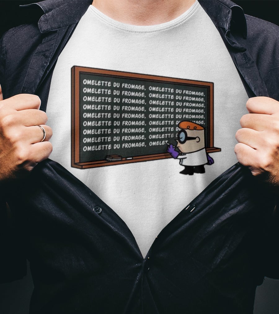 Omelette Du Fromage Chalkboard Cartoon Character Writing T-Shirt