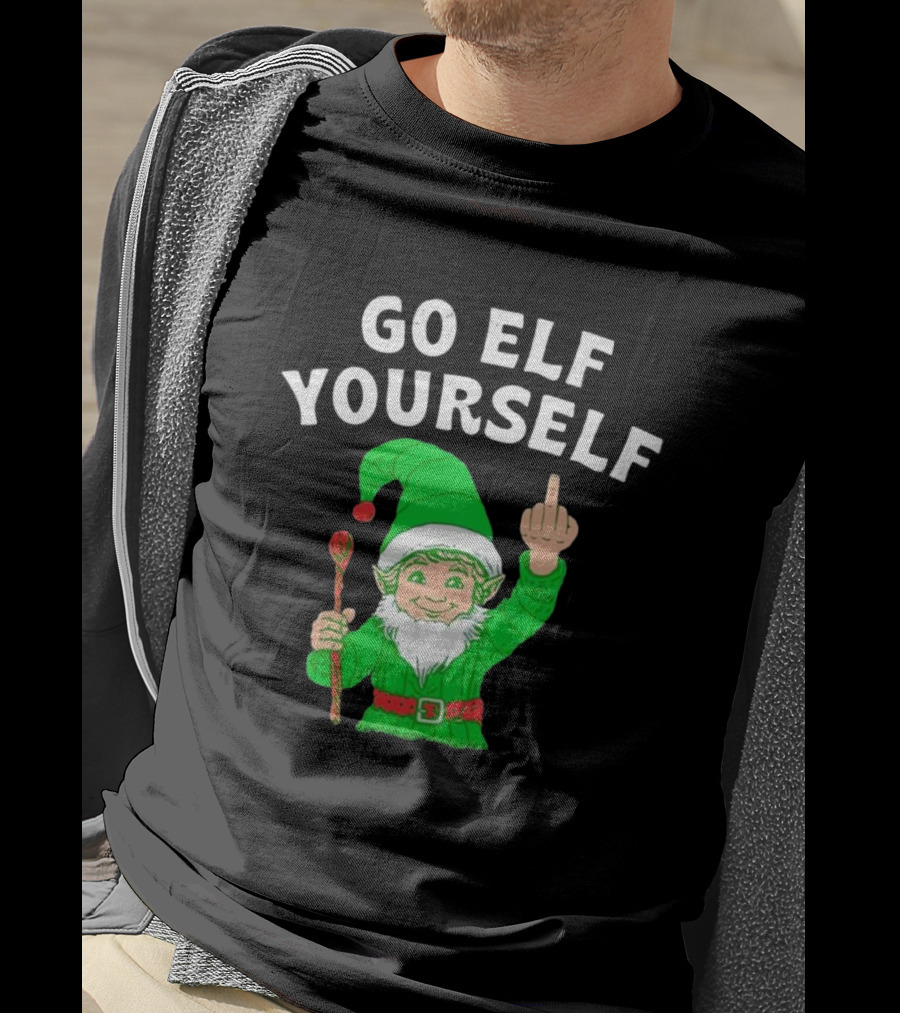 GO ELF YOURSELF Middle Finger Green Elf With Candy Cane T-Shirt