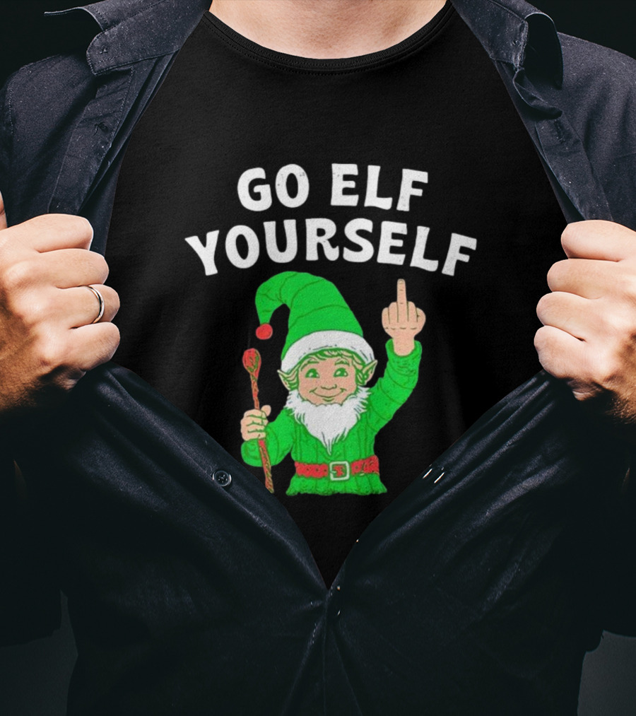 GO ELF YOURSELF Middle Finger Green Elf With Candy Cane T-Shirt