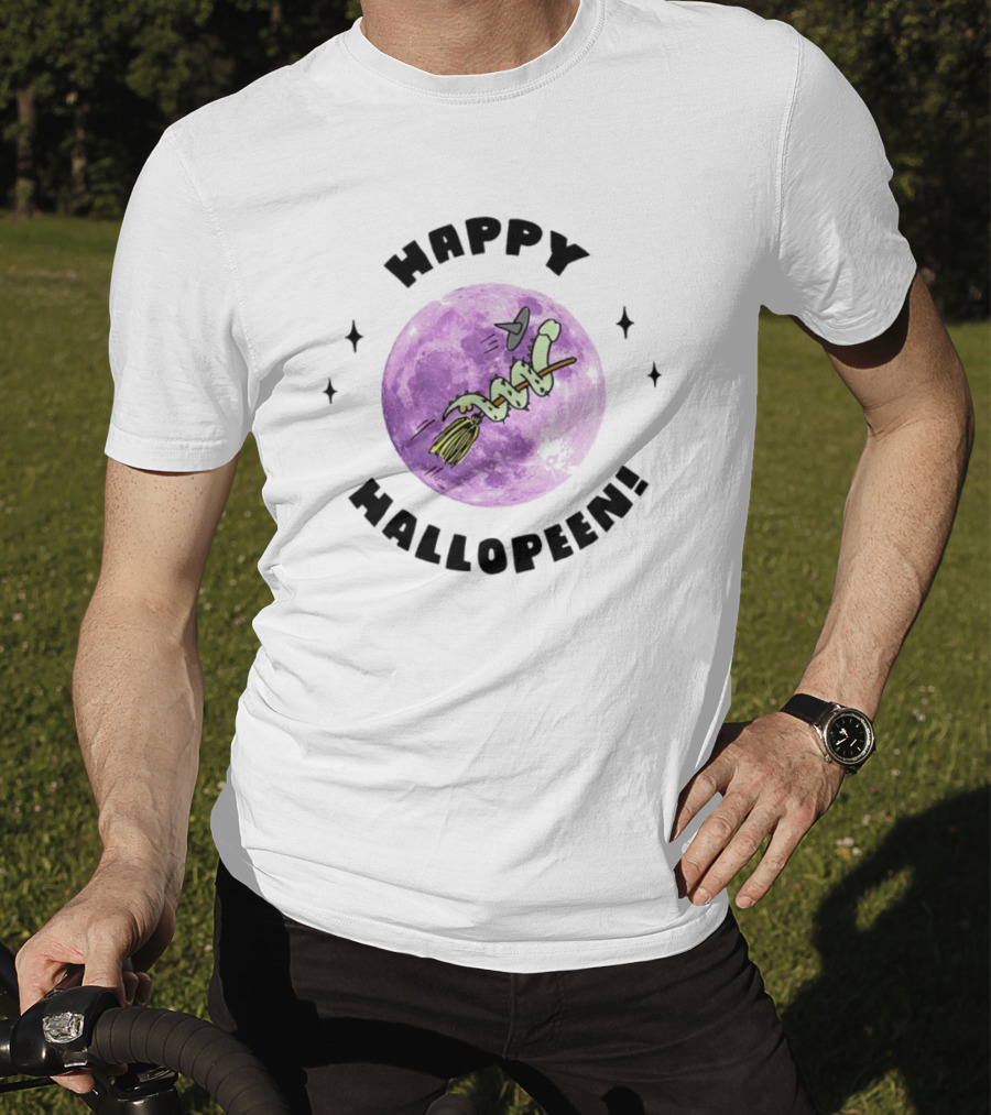 Happy Hallopeen Snake On Broomstick With Purple Moon Halloween T-Shirt