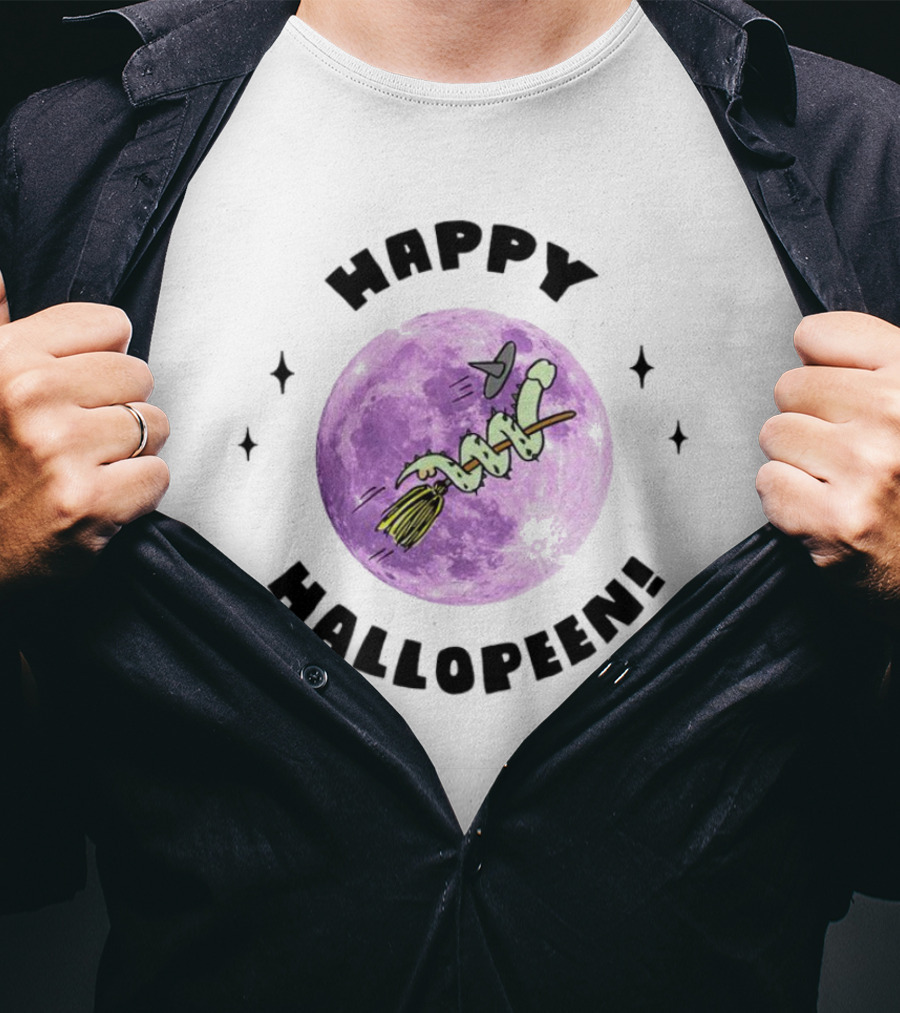 Happy Hallopeen Snake On Broomstick With Purple Moon Halloween T-Shirt