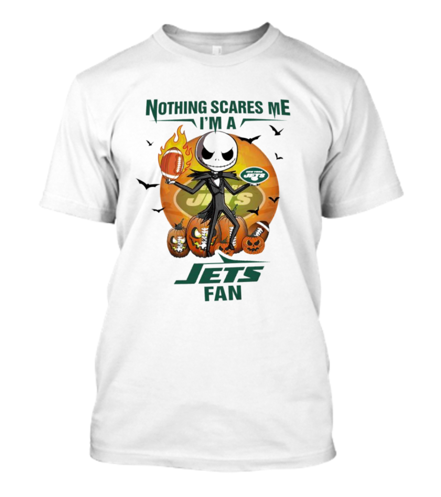 Jack Skellington Nothing Scares Me I'm A New York Jets Fan Halloween Pumpkins Football T-Shirt