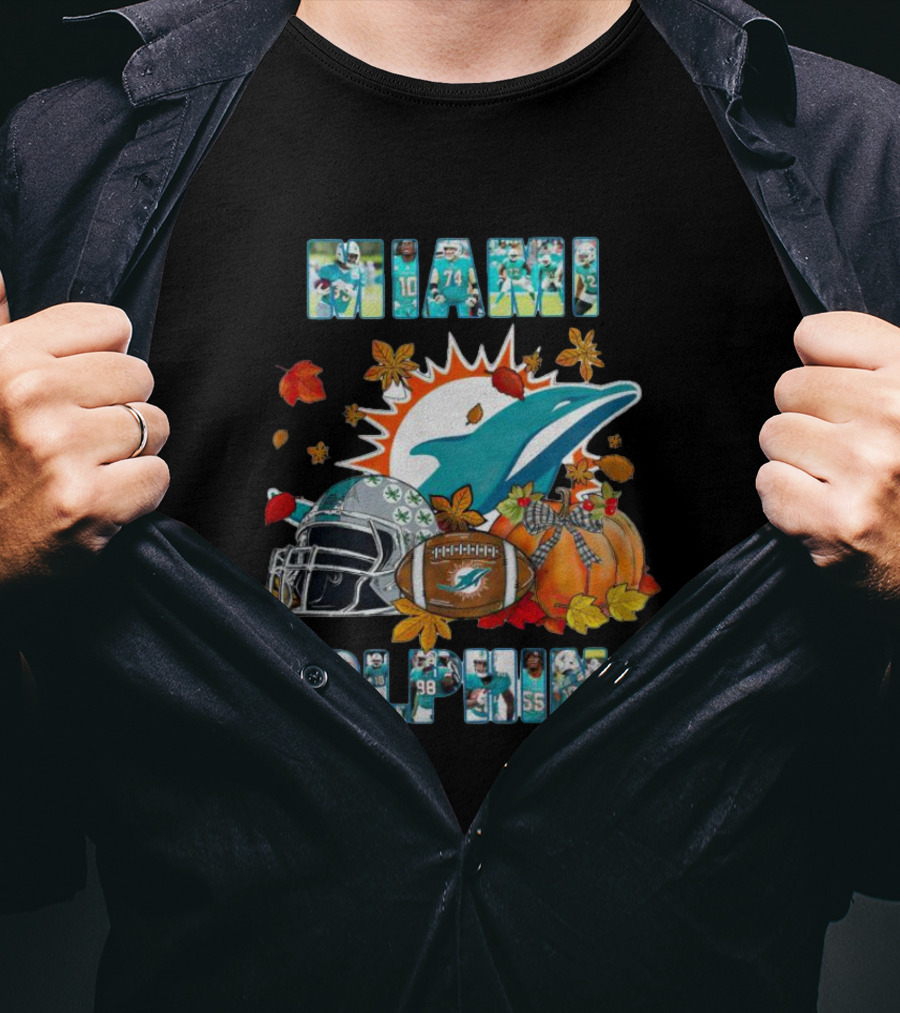 Miami Dolphins Autumn Football Helmet And Pumpkin Leaves T-Shirt