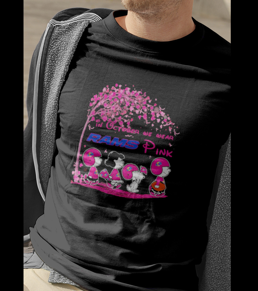 In October We Wear Rams Pink Peanuts Characters Los Angeles Breast Cancer T-Shirt