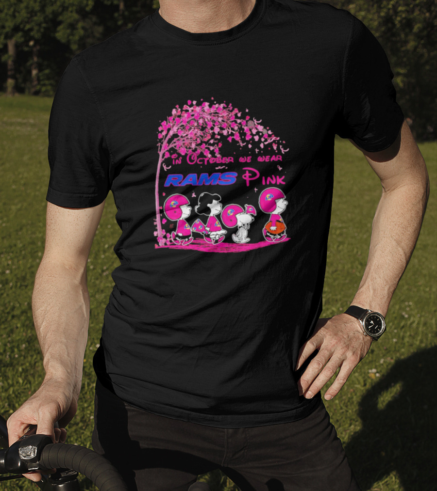 In October We Wear Rams Pink Peanuts Characters Los Angeles Breast Cancer T-Shirt