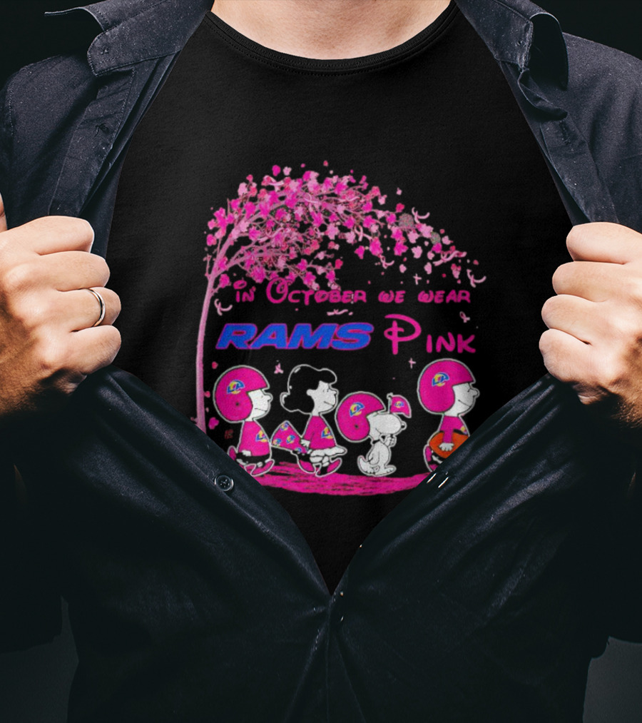 In October We Wear Rams Pink Peanuts Characters Los Angeles Breast Cancer T-Shirt