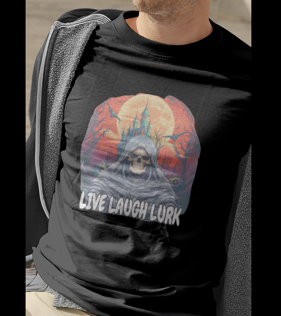Live Laugh Lurk Skeleton Haunted Castle Bats Full Moon T-Shirt